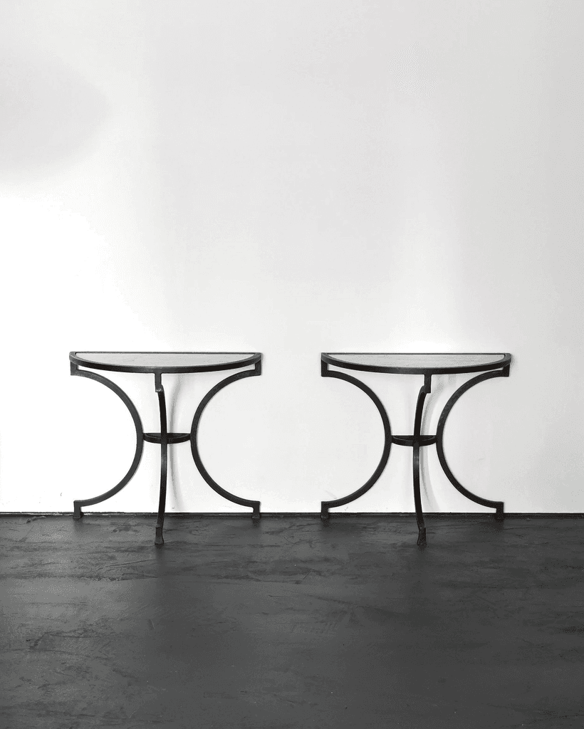 Pair Of Marble & Iron Demi Lune Spanish Console Tables