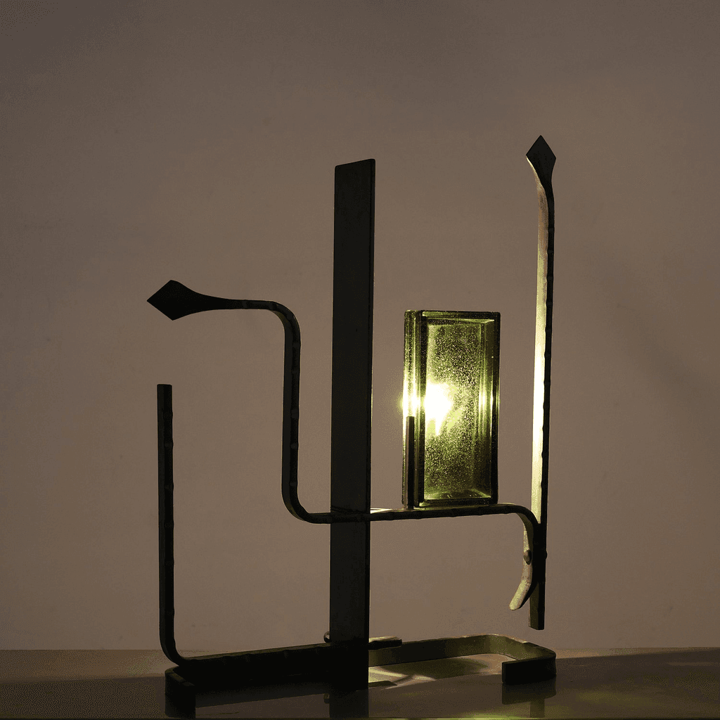 Unusual Forged Steel & Coloured Glass French Brutalist Lamp