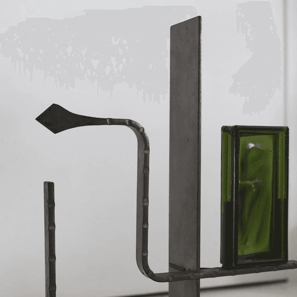 Unusual Forged Steel & Coloured Glass French Brutalist Lamp