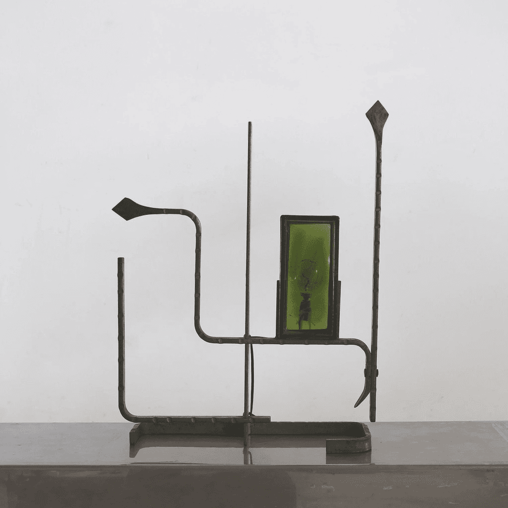 Unusual Forged Steel & Coloured Glass French Brutalist Lamp