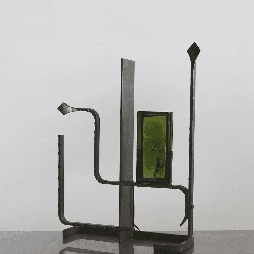 Unusual Forged Steel & Coloured Glass French Brutalist Lamp