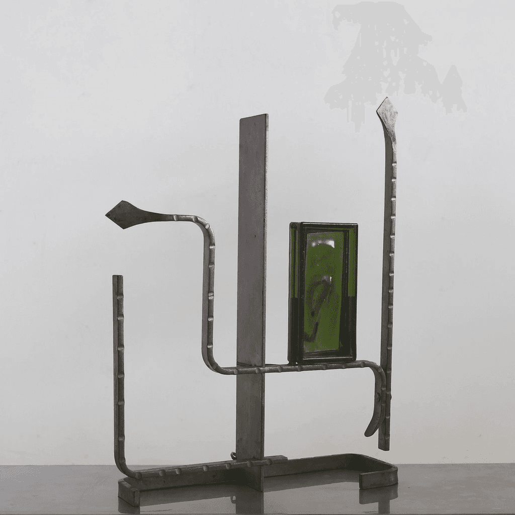 Unusual Forged Steel & Coloured Glass French Brutalist Lamp