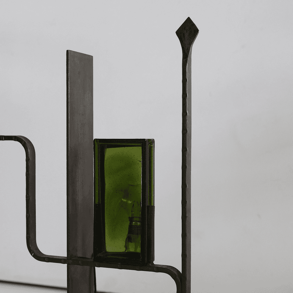 Unusual Forged Steel & Coloured Glass French Brutalist Lamp