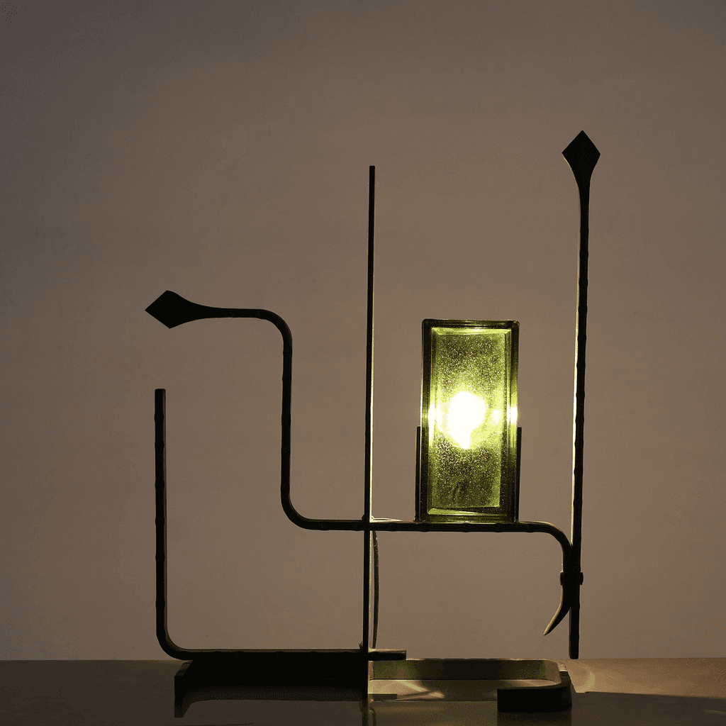 Unusual Forged Steel & Coloured Glass French Brutalist Lamp
