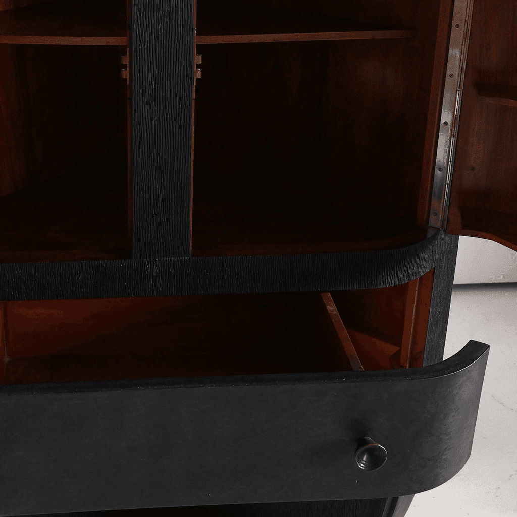 Unusual Ebonised Italian Gouged Deco/Modernist Corner Cupboard/Bar